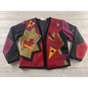 Yak Magik Womens Wool Patchwork Jacket Medium Nepal Geometric Wearable Art Red